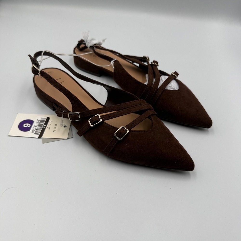 A New Day Womens Pointed‎ Toe Slingback Buckle Strap Flats Brown Suede Size 6